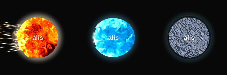 Three cells wearing skin effects: a fire body trailing embers, an ocean body with a cold glow, and a chrome body with rings